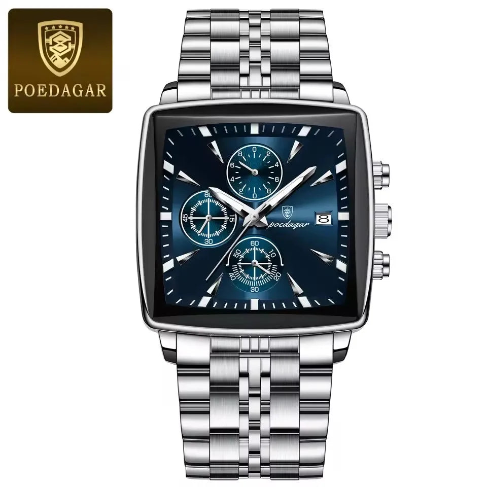 POEDAGAR New Business Men Clock Waterproof Luminous Calendar Chronograph Square Watch Stainless Steel Quartz Men's Watches 866