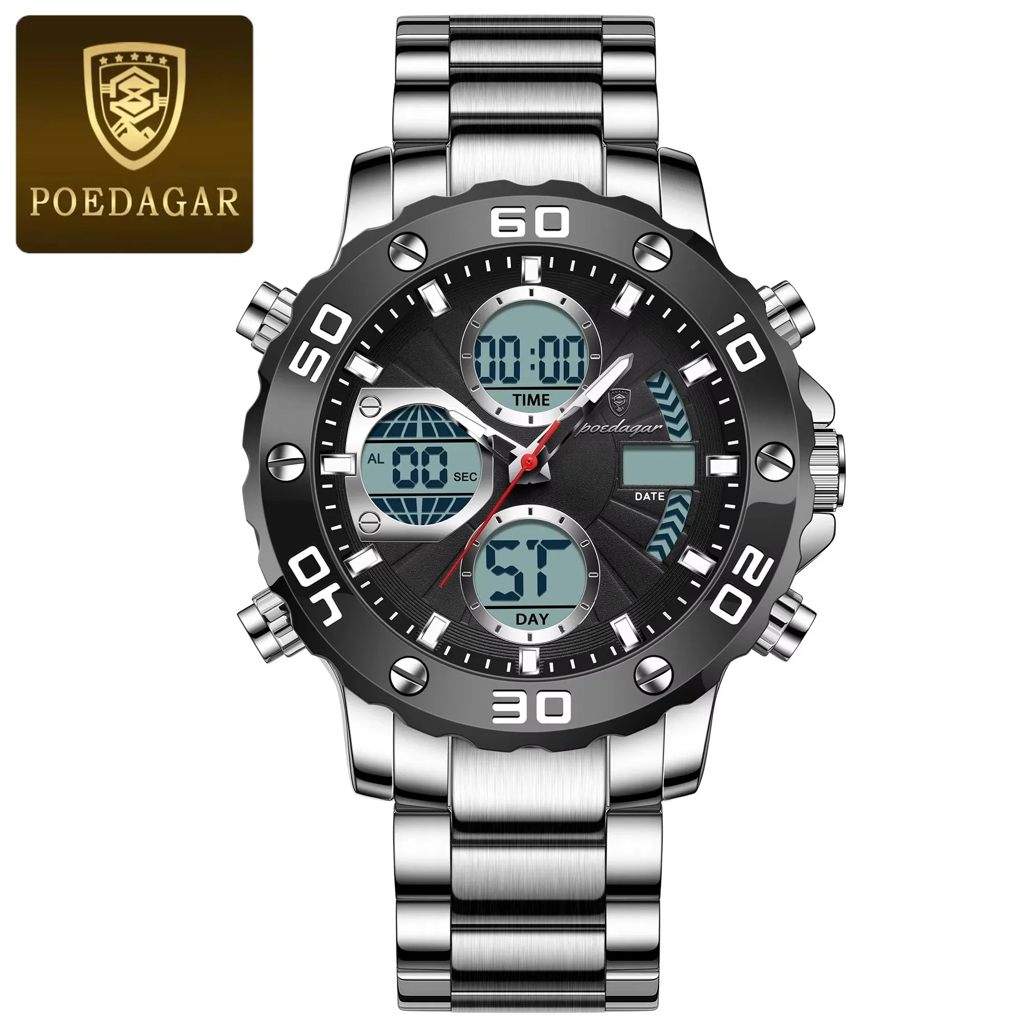 POEDAGAR E102 Dual Time Display Digital Quartz Men Watch Sport Stainless Wristwatch LED Alarm Electronic Waterproof Mens Watches
