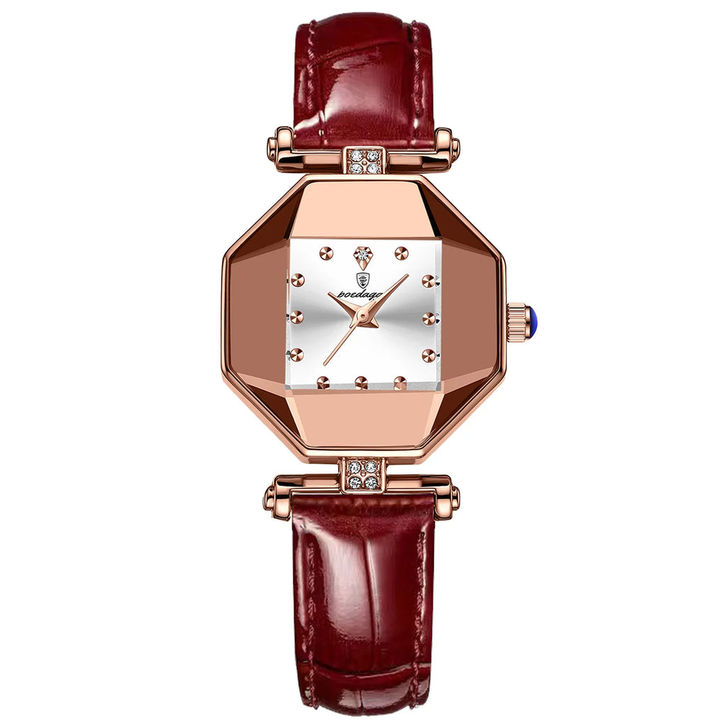 POEDAGAR 368 Red Small Quartz Watch for Women Hot Sale Fashion Leather Band Diamond Dial Square Wristwatch Luxury Female Watches