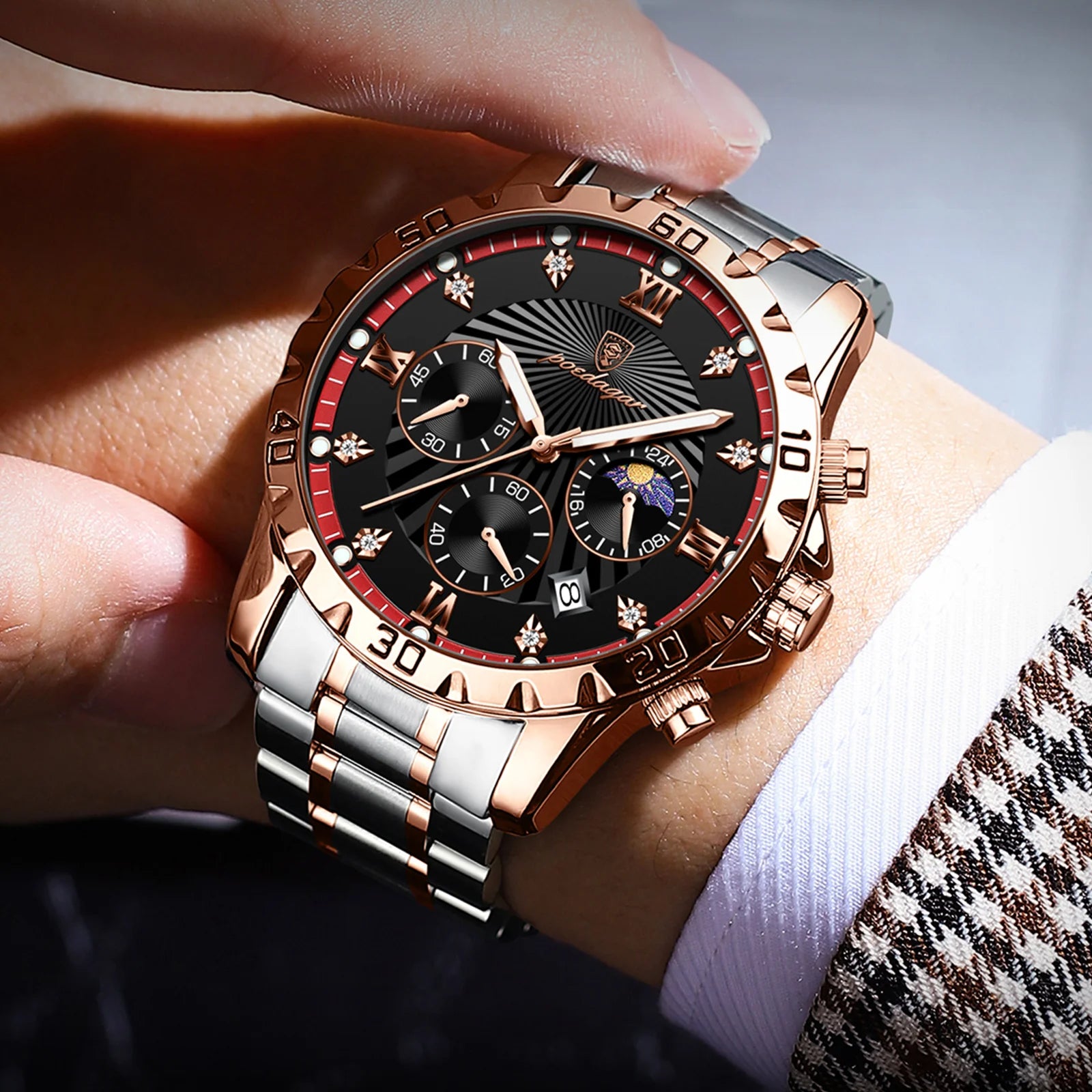 POEDAGAR 965 Diamonds Dial Watch Men Waterproof Luminous Chronograph Date Man Wristwatch Stainless Steel Quartz Men's Watches