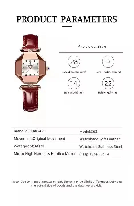 POEDAGAR 368 Red Small Quartz Watch for Women Hot Sale Fashion Leather Band Diamond Dial Square Wristwatch Luxury Female Watches