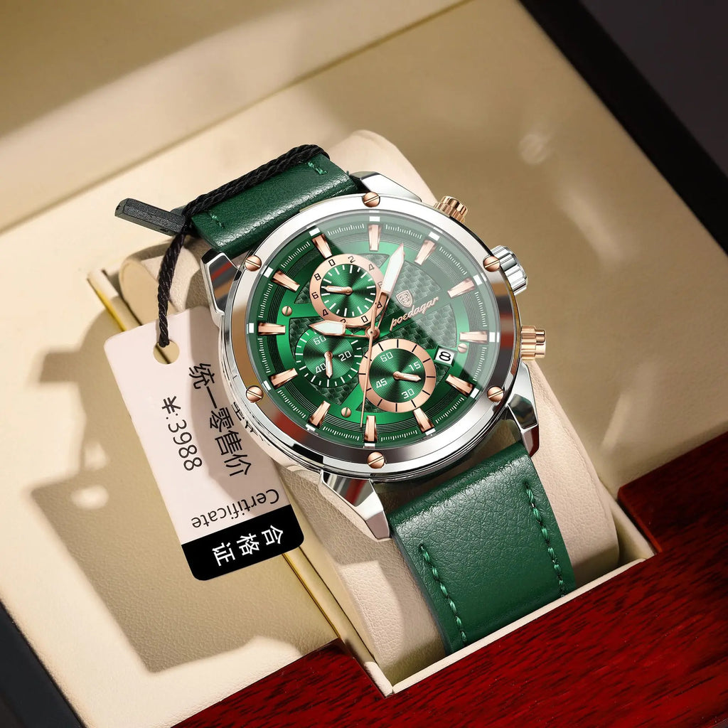 POEDAGAR 860 Fashion Blue Dial Silver Case Multifunction Chronograph Luxury Leather Quartz Watches for Men Business Mens Gift