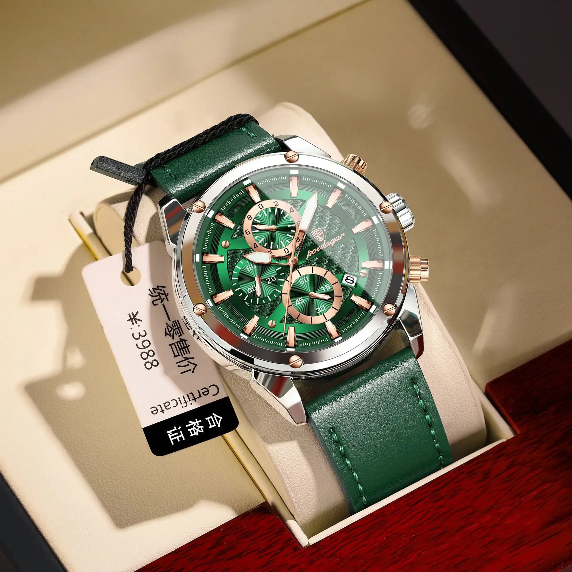 POEDAGAR 860 Fashion Blue Dial Silver Case Multifunction Chronograph Luxury Leather Quartz Watches for Men Business Mens Gift
