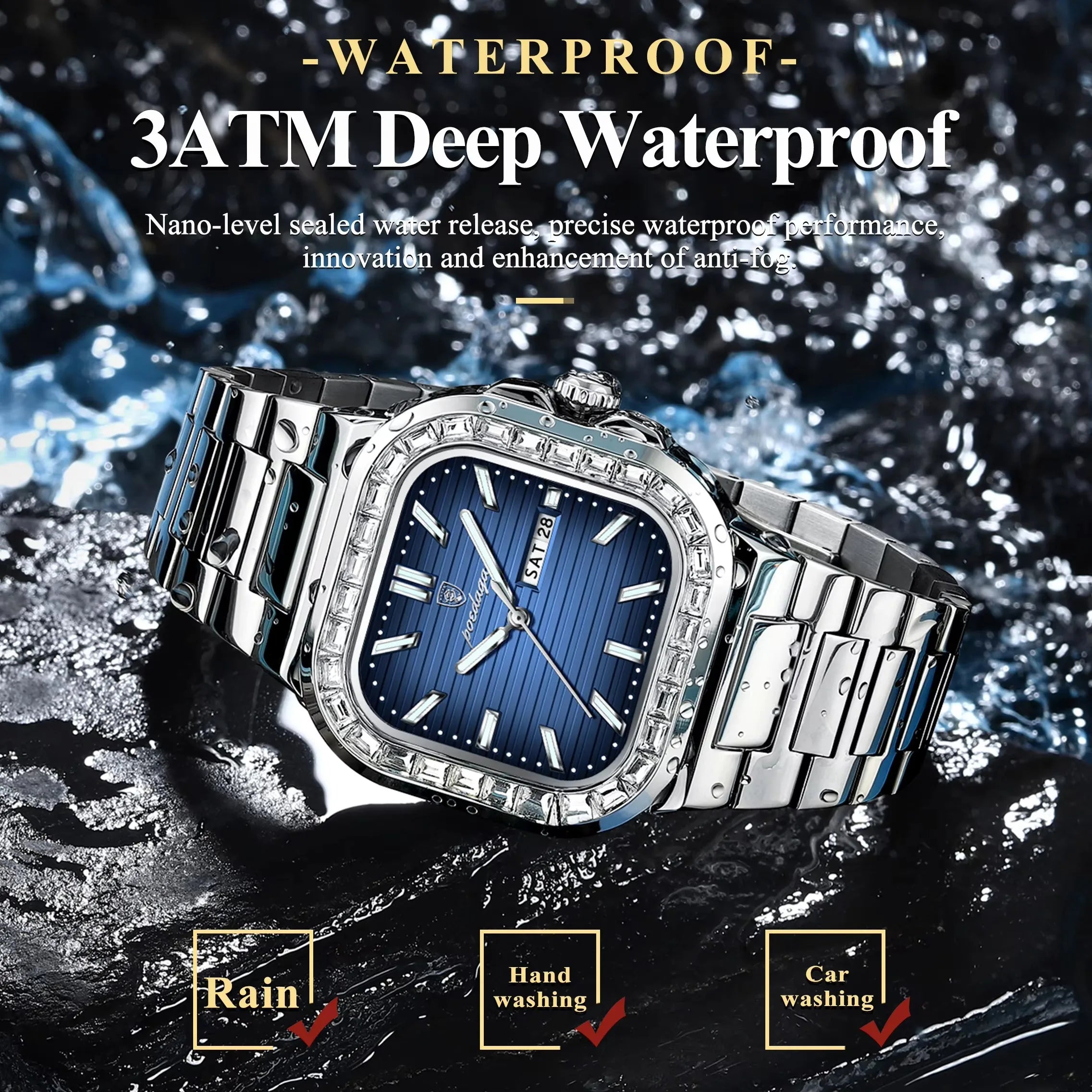 POEDAGAR Men Watch 975 Waterproof Luminous Date Sport Man Wristwatch Silver Blue Stainless Steel Diamond Quartz Men's Watches