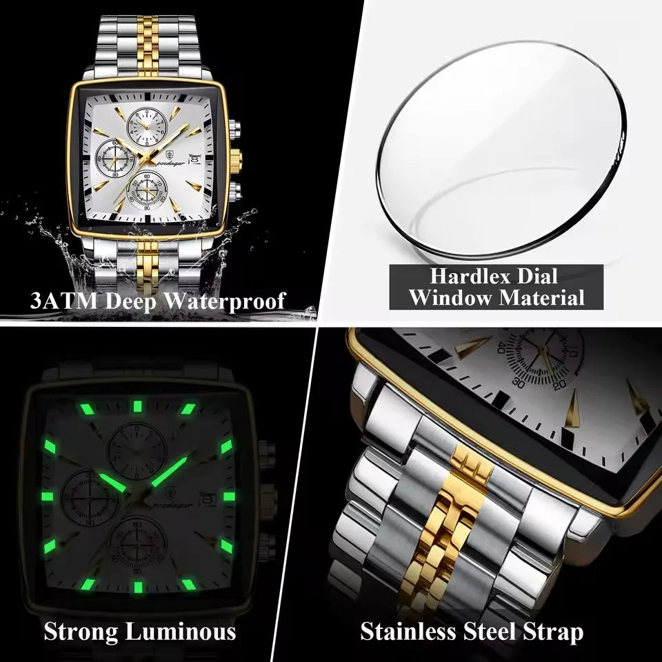POEDAGAR New Business Men Clock Waterproof Luminous Calendar Chronograph Square Watch Stainless Steel Quartz Men's Watches 866