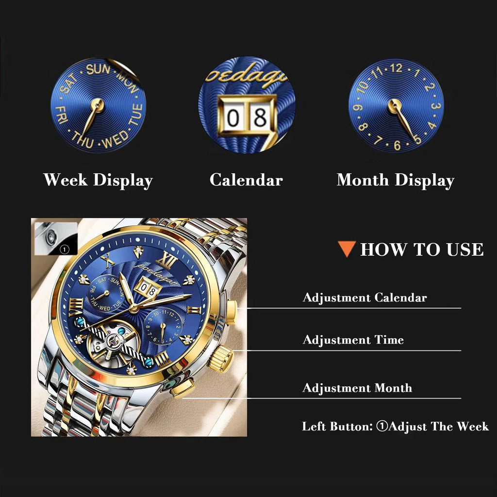 POEDAGAR 1408 Automatic Tourbillon Business Watch Luxury Hollow Waterproof Stainless Steel Men Mechanical Watches Gold Blue