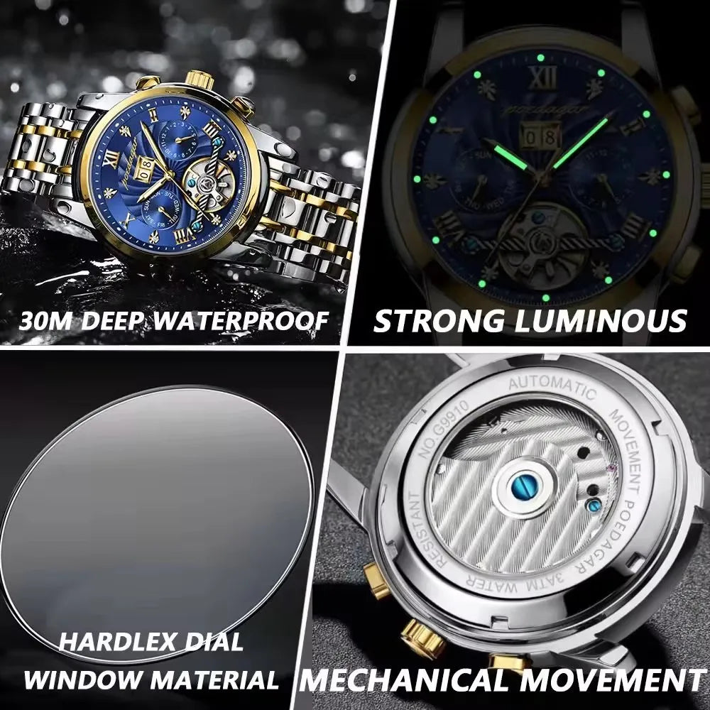 POEDAGAR 1408 Automatic Tourbillon Business Watch Luxury Hollow Waterproof Stainless Steel Men Mechanical Watches Gold Blue
