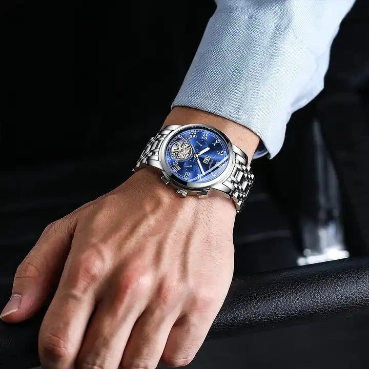 Poedagar 141  Skeleton Waterproof Men Watch  Mechanical Gold Blue Automatic Mens Watches Luxury Stainless Steel Wristwatch Man