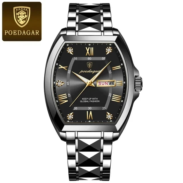 POEDAGAR Square Gold Quartz Watches Business Double Calendar Luxury Watch for Men Stainless Steel Waterproof Clock New Hot Sale