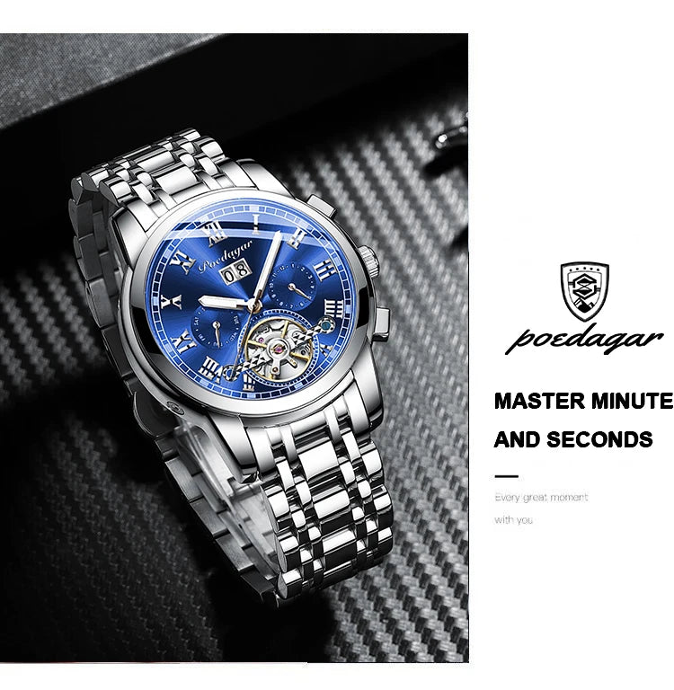 Poedagar 141  Skeleton Waterproof Men Watch  Mechanical Gold Blue Automatic Mens Watches Luxury Stainless Steel Wristwatch Man