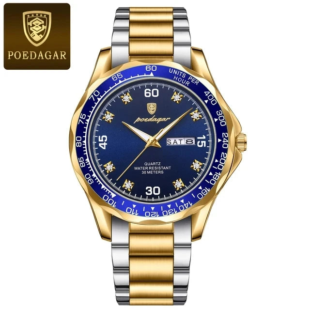 POEDAGAR Top 41mm Quartz Male Wristwatch Waterproof Luminous Date Week Watch for Men Stainless Steel Sport Men's Watches