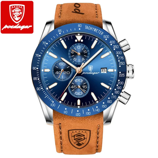 POEDAGAR 988 Top Band Men Watch Waterproof Luminous Date Chronograph Quartz Wristwatch High Quality Sport Leather Man Watches