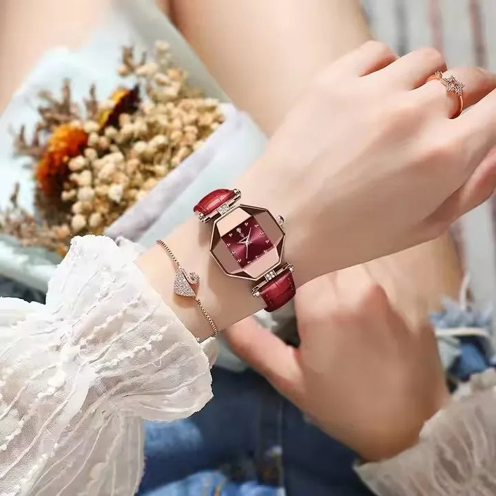 POEDAGAR 368 Red Small Quartz Watch for Women Hot Sale Fashion Leather Band Diamond Dial Square Wristwatch Luxury Female Watches