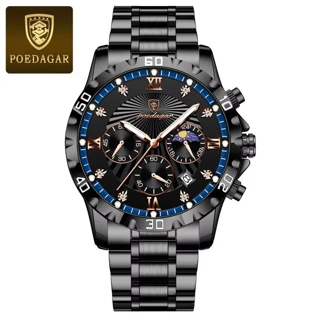 POEDAGAR 965 Diamonds Dial Watch Men Waterproof Luminous Chronograph Date Man Wristwatch Stainless Steel Quartz Men's Watches