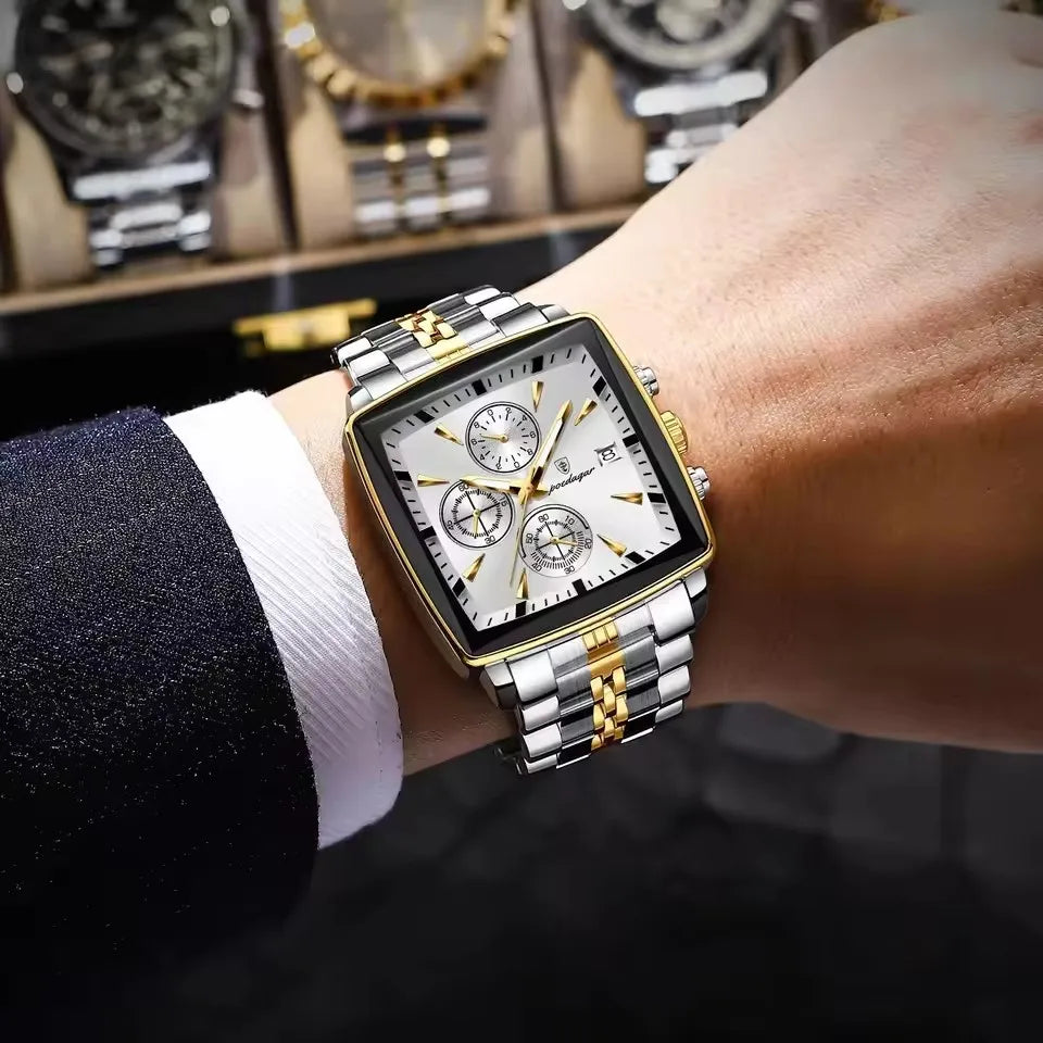 POEDAGAR New Business Men Clock Waterproof Luminous Calendar Chronograph Square Watch Stainless Steel Quartz Men's Watches 866