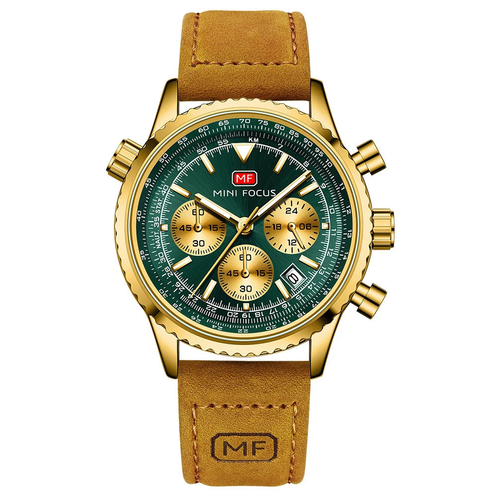 Mini Foucus Premium Multifunction Chronograph Sports Genuine Leather Luminous Quartz Mens Watches