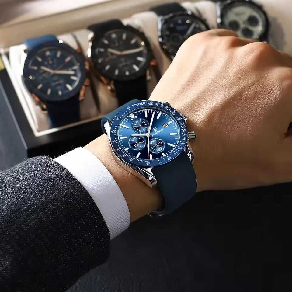POEDAGAR 988 Top Band Men Watch Waterproof Luminous Date Chronograph Quartz Wristwatch High Quality Sport Leather Man Watches