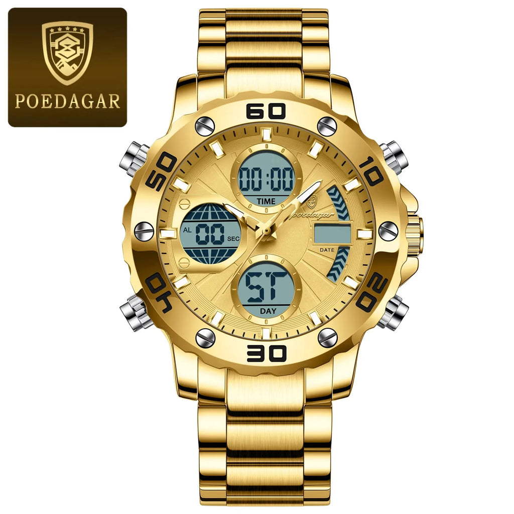 POEDAGAR E102 Dual Time Display Digital Quartz Men Watch Sport Stainless Wristwatch LED Alarm Electronic Waterproof Mens Watches