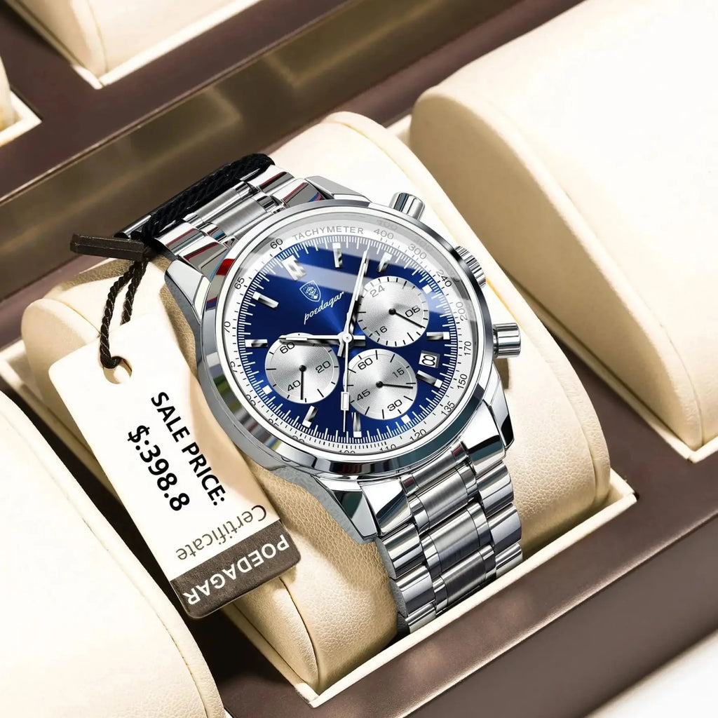 POEDAGAR Luxury Sport Men's Wristwatch 921 Waterproof Luminous Chronograph Quartz 42mm Oval Stainless Steel Fashionable Reloj