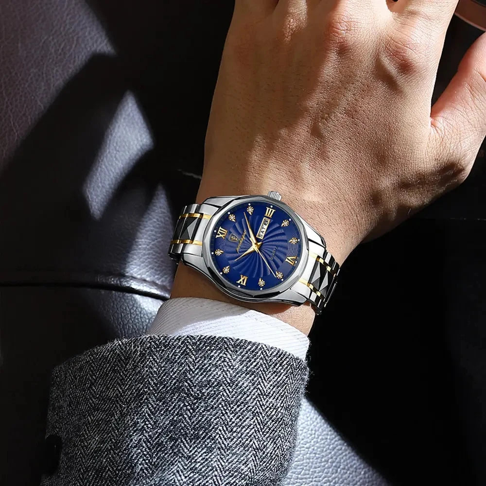 POEDAGAR 818 Men Watch Top Luxury Blue Dial Business Quartz Mens Watches Full Steel Waterproof Luminous Date Men's Wristwatch