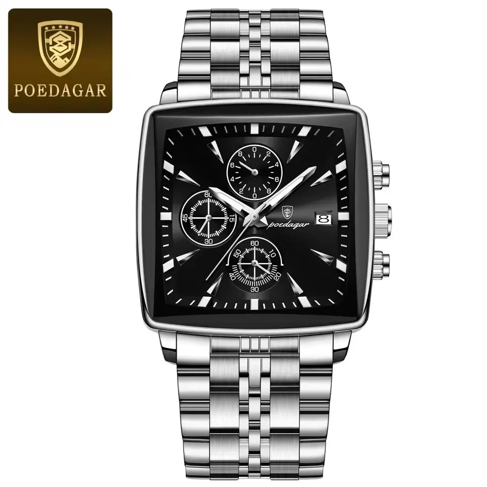 POEDAGAR New Business Men Clock Waterproof Luminous Calendar Chronograph Square Watch Stainless Steel Quartz Men's Watches 866