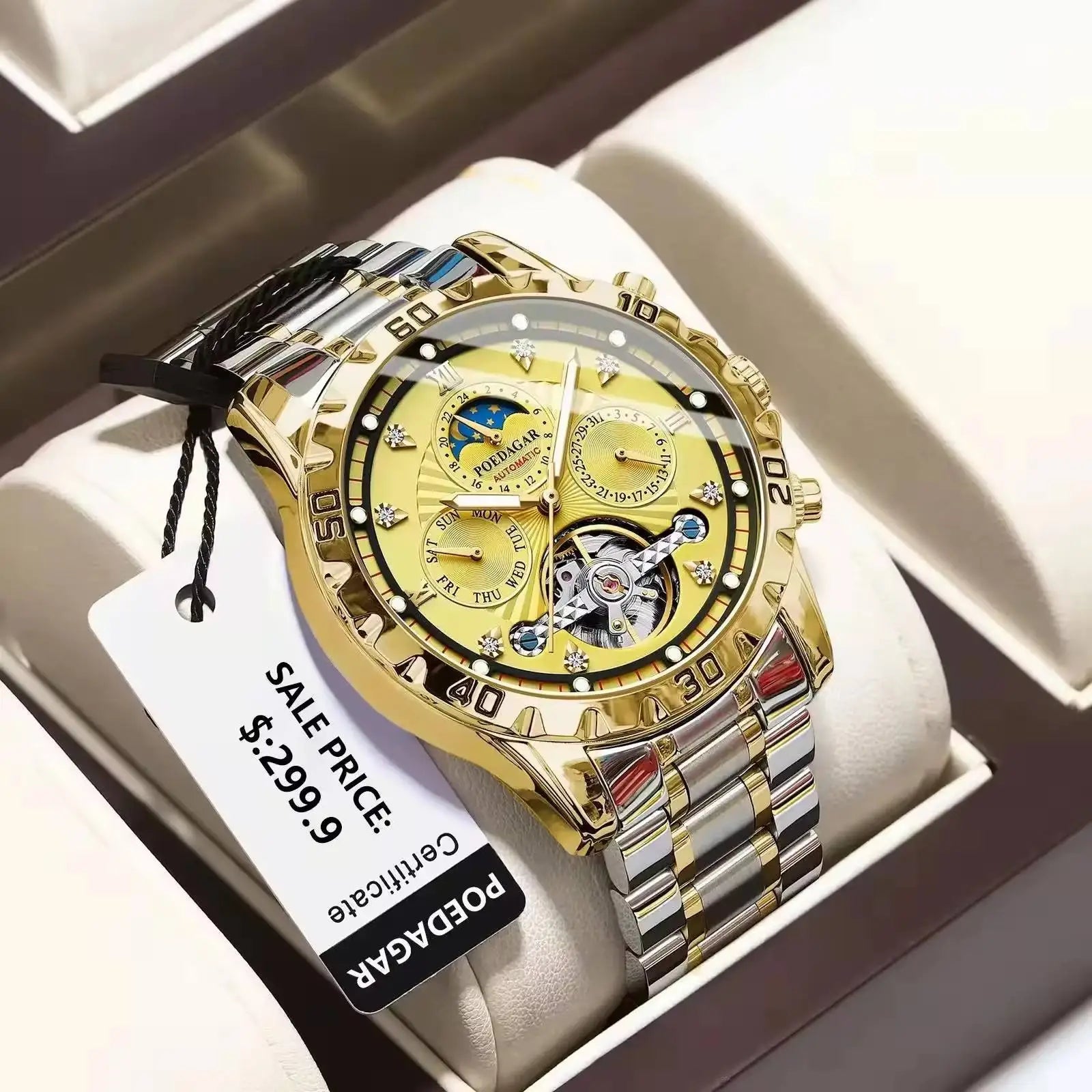 POEDAGAR 1412 Men's Mechanical Watch Tourbillon Gold Stainless Steel Band Luminous Moon Phase Day Function Water Shock Resistant