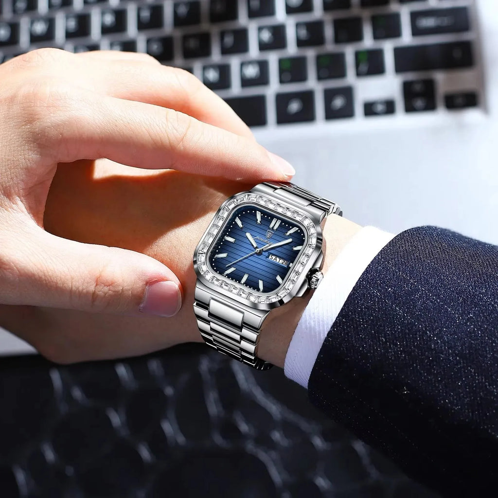 POEDAGAR 975 Luxury Square Watch for Men Waterproof Luminous Date Week Man Watch Stainless Steel Fashion Quartz Men's Watches