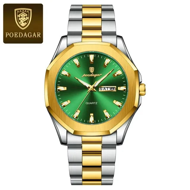 POEDAGAR 875 Date Display Stainless Steel Quartz Men's Luxury Original Mens Watches Waterproof Luminous Chronograph Wristwatches