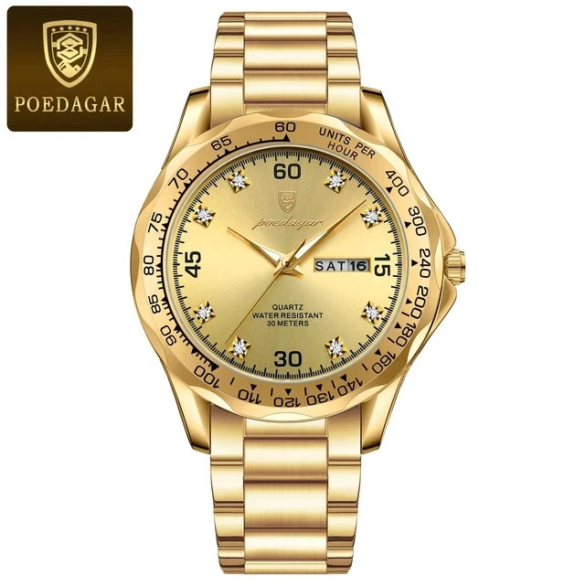 POEDAGAR Top 41mm Quartz Male Wristwatch Waterproof Luminous Date Week Watch for Men Stainless Steel Sport Men's Watches