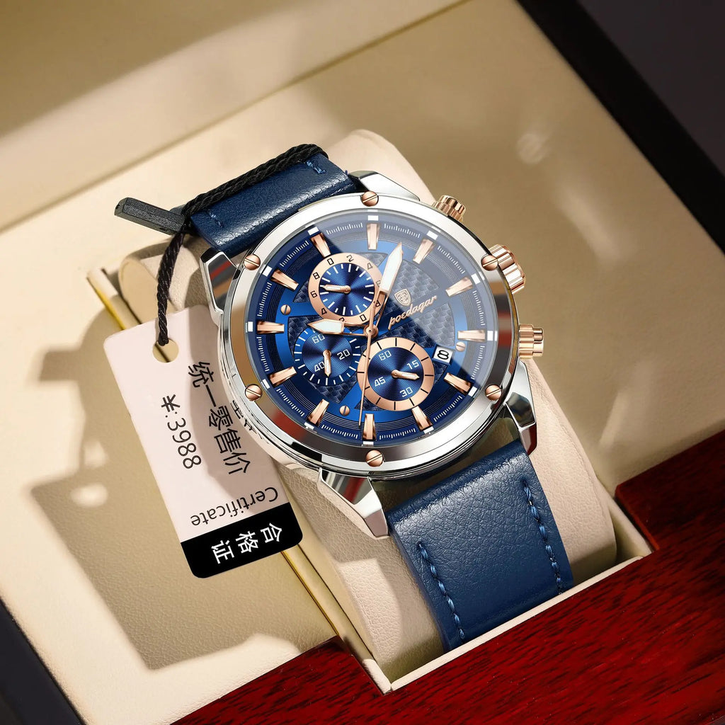 POEDAGAR 860 Fashion Blue Dial Silver Case Multifunction Chronograph Luxury Leather Quartz Watches for Men Business Mens Gift