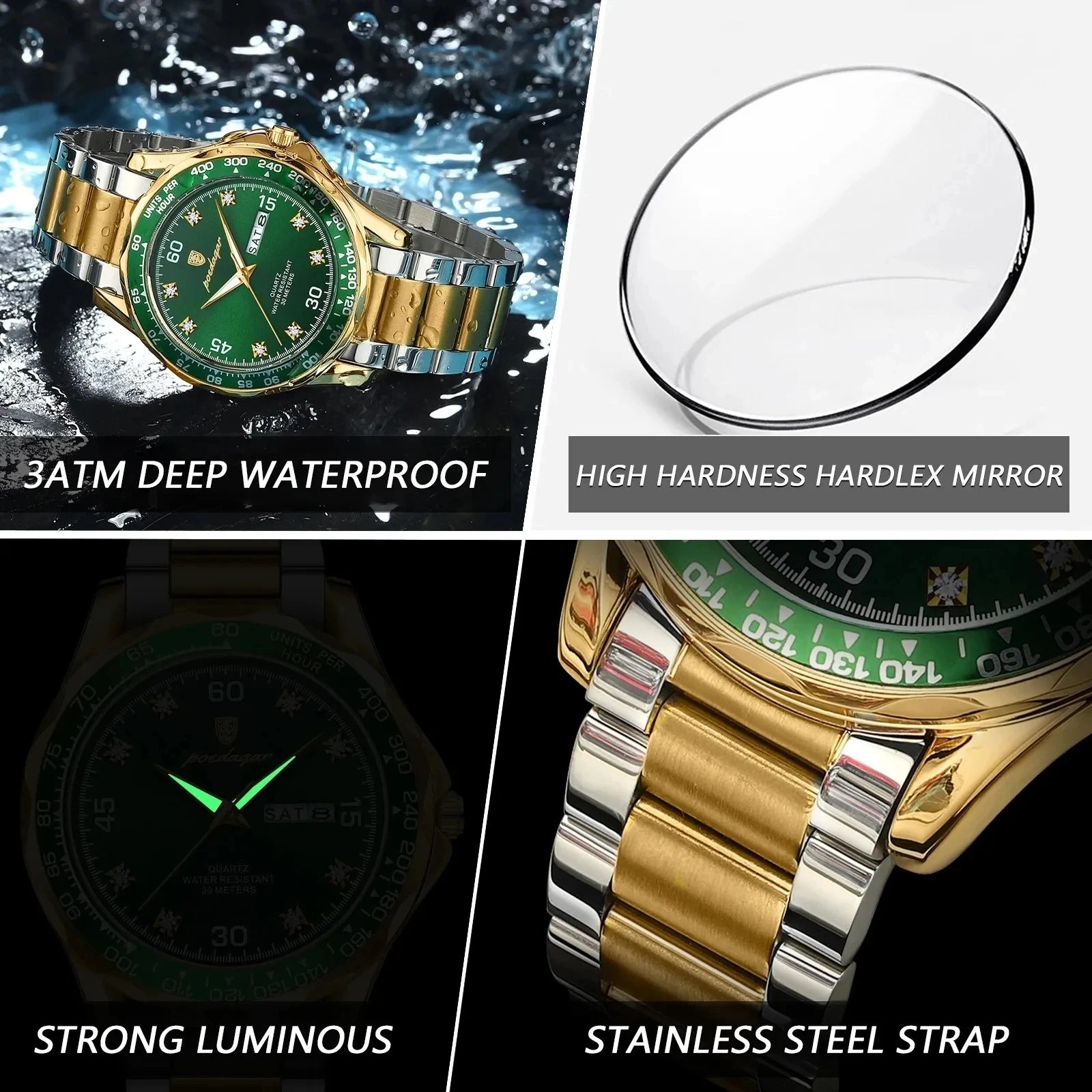 POEDAGAR Top 41mm Quartz Male Wristwatch Waterproof Luminous Date Week Watch for Men Stainless Steel Sport Men's Watches