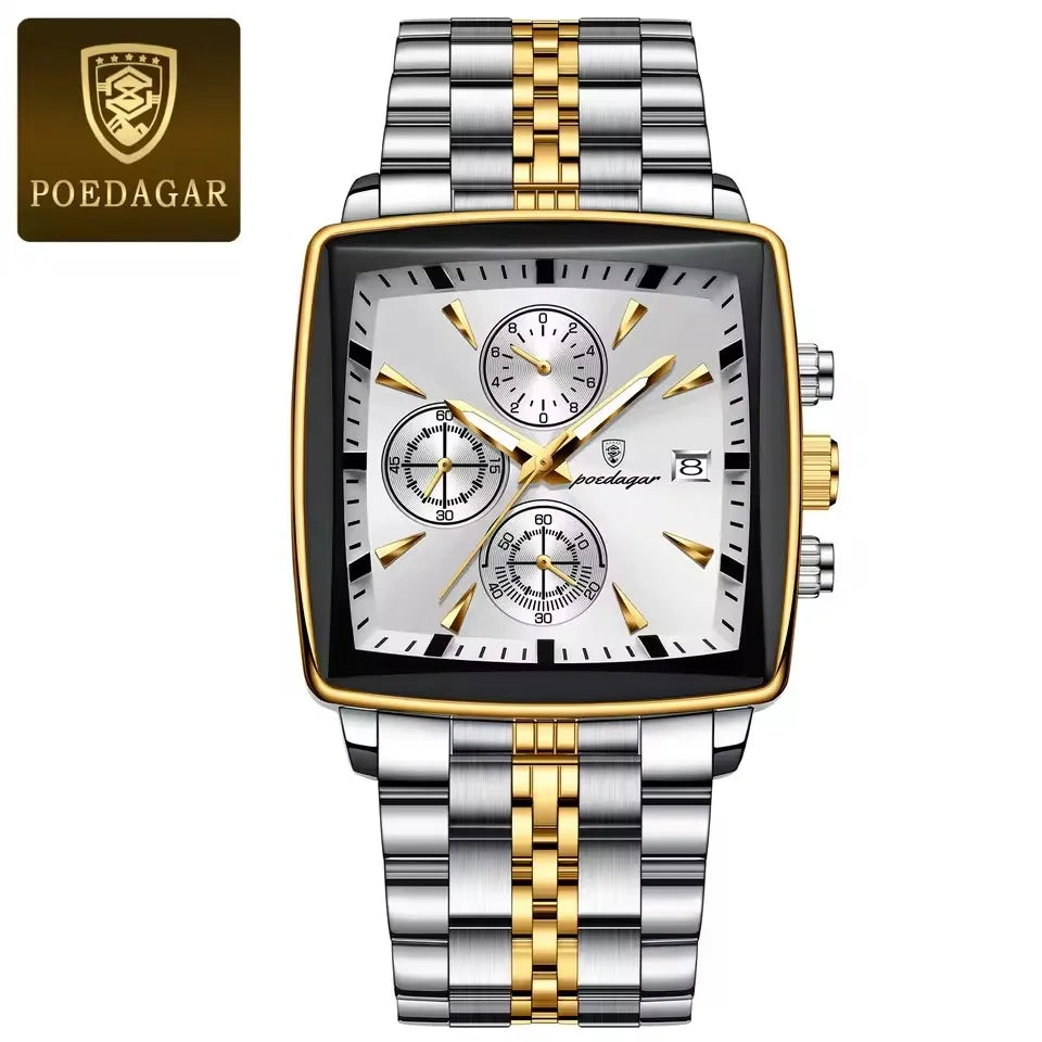 POEDAGAR New Business Men Clock Waterproof Luminous Calendar Chronograph Square Watch Stainless Steel Quartz Men's Watches 866