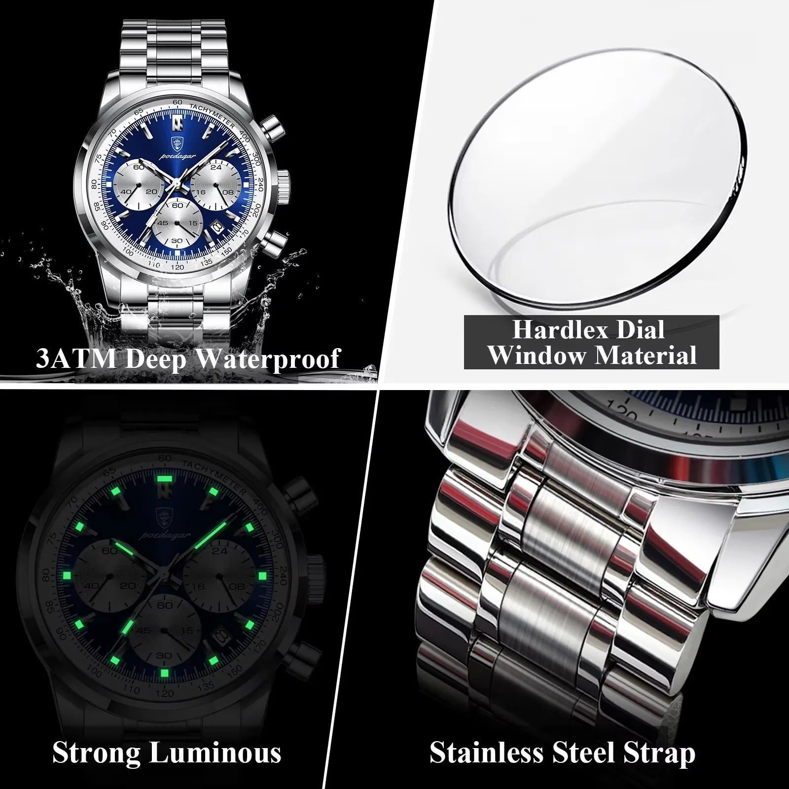 POEDAGAR 921 New Luxury Men Watch Waterproof Luminous Chronograph Date Stainless Steel Watch for Men Quartz Men's Watches Reloj