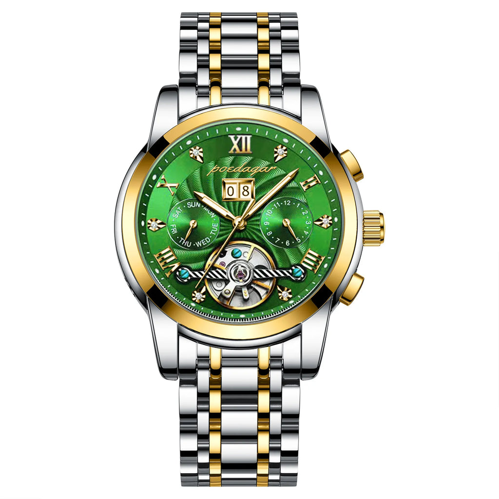 POEDAGAR 1408 Automatic Tourbillon Business Watch Luxury Hollow Waterproof Stainless Steel Men Mechanical Watches Gold Blue