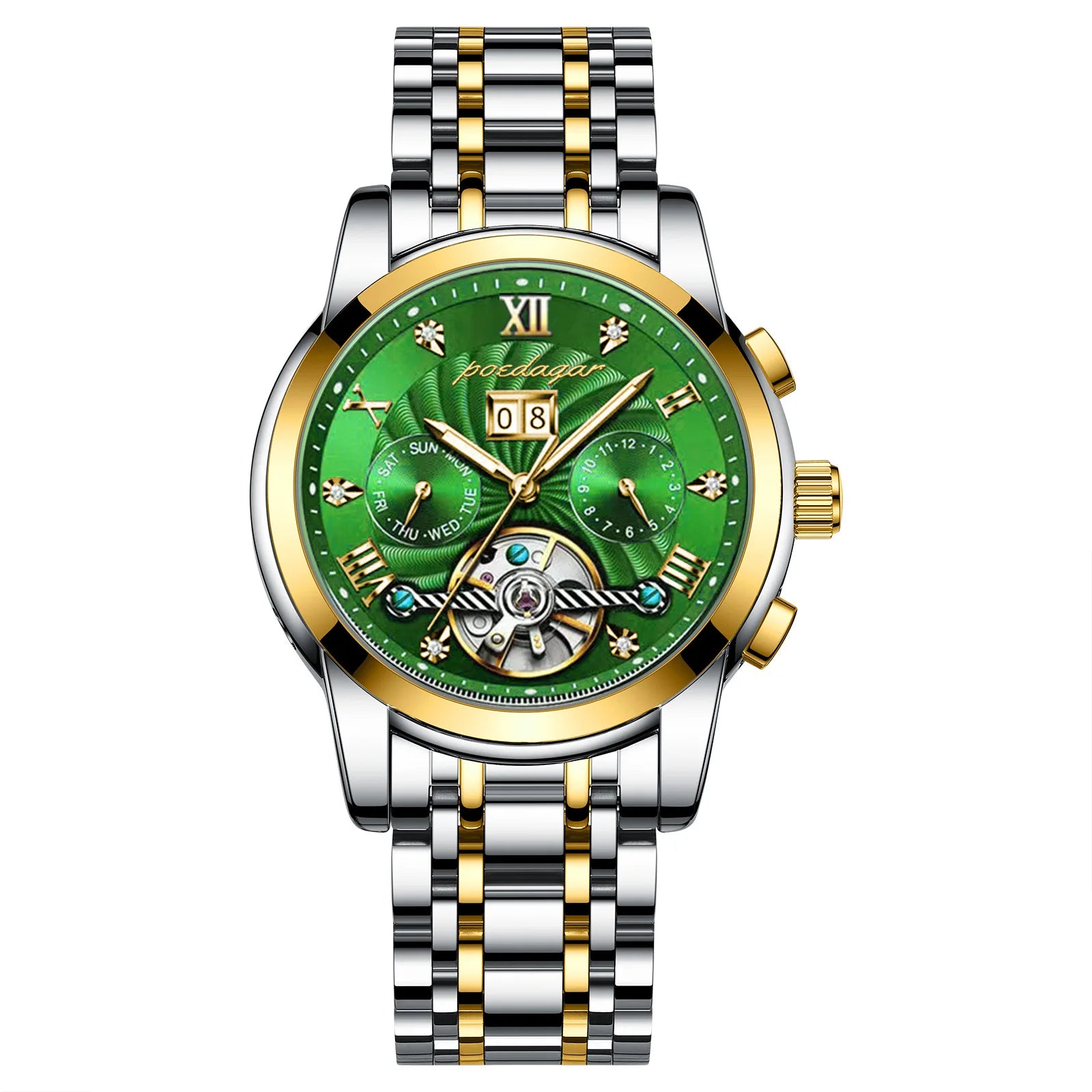 POEDAGAR 1408 Automatic Tourbillon Business Watch Luxury Hollow Waterproof Stainless Steel Men Mechanical Watches Gold Blue