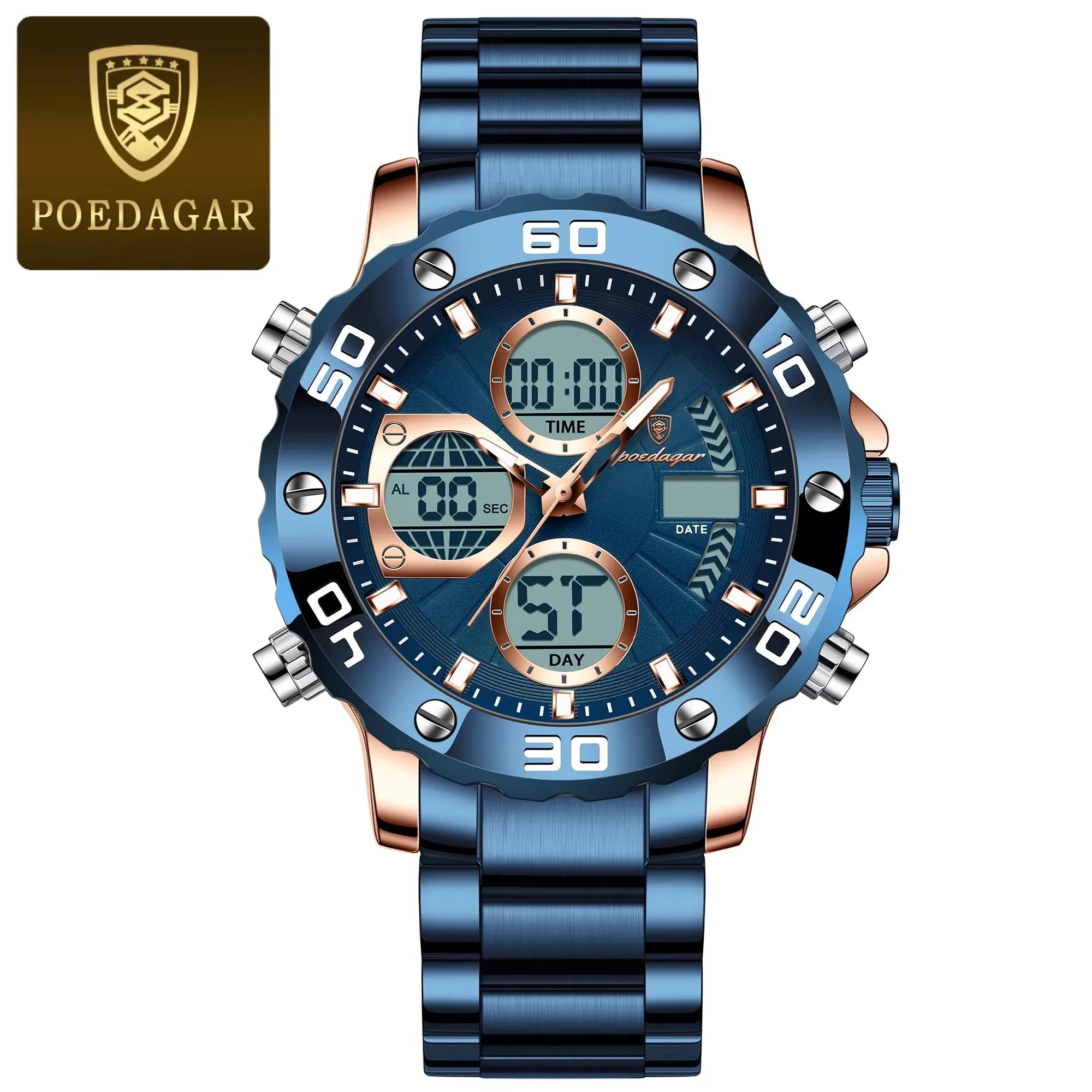 POEDAGAR E102 Dual Time Display Digital Quartz Men Watch Sport Stainless Wristwatch LED Alarm Electronic Waterproof Mens Watches