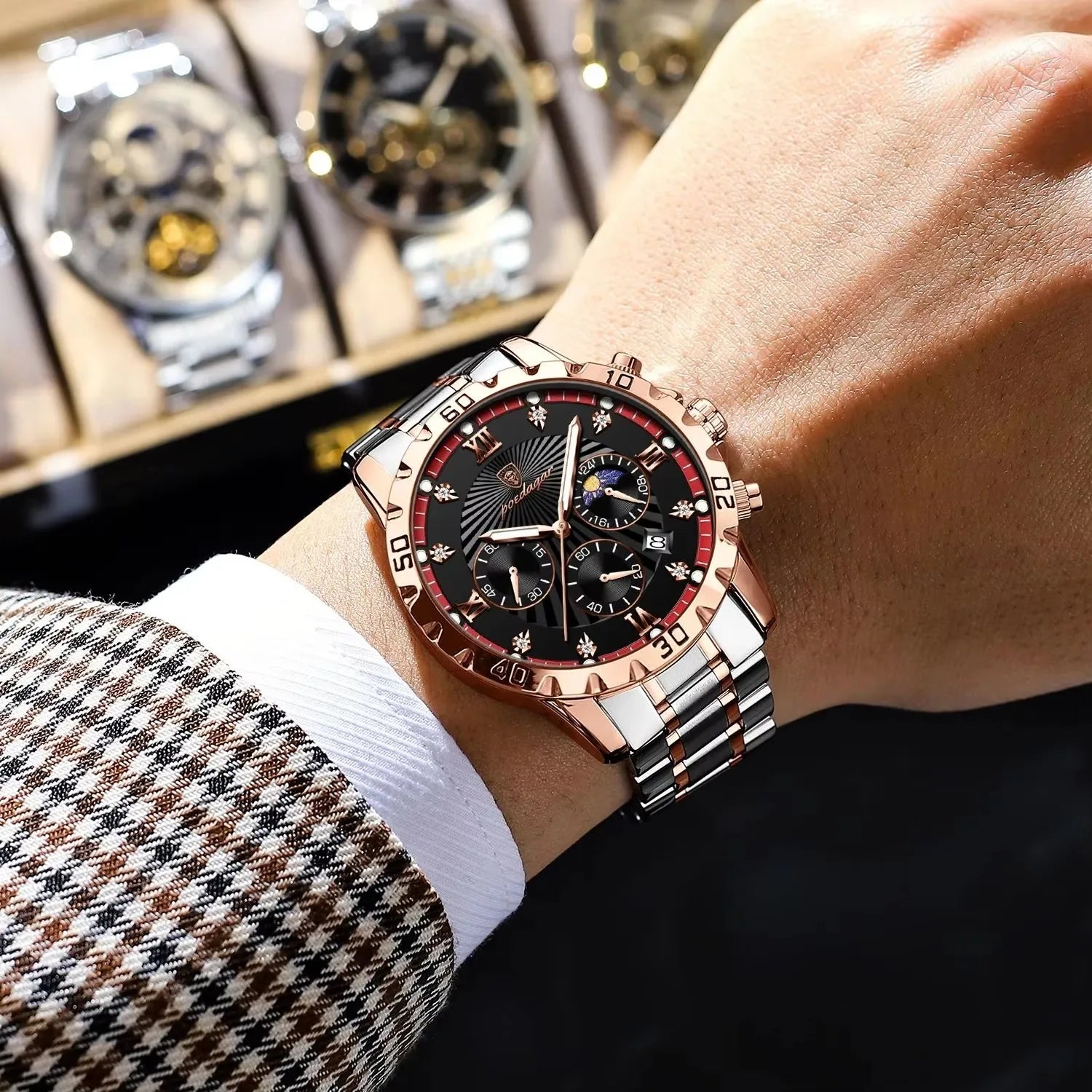 POEDAGAR 965 Diamonds Dial Watch Men Waterproof Luminous Chronograph Date Man Wristwatch Stainless Steel Quartz Men's Watches