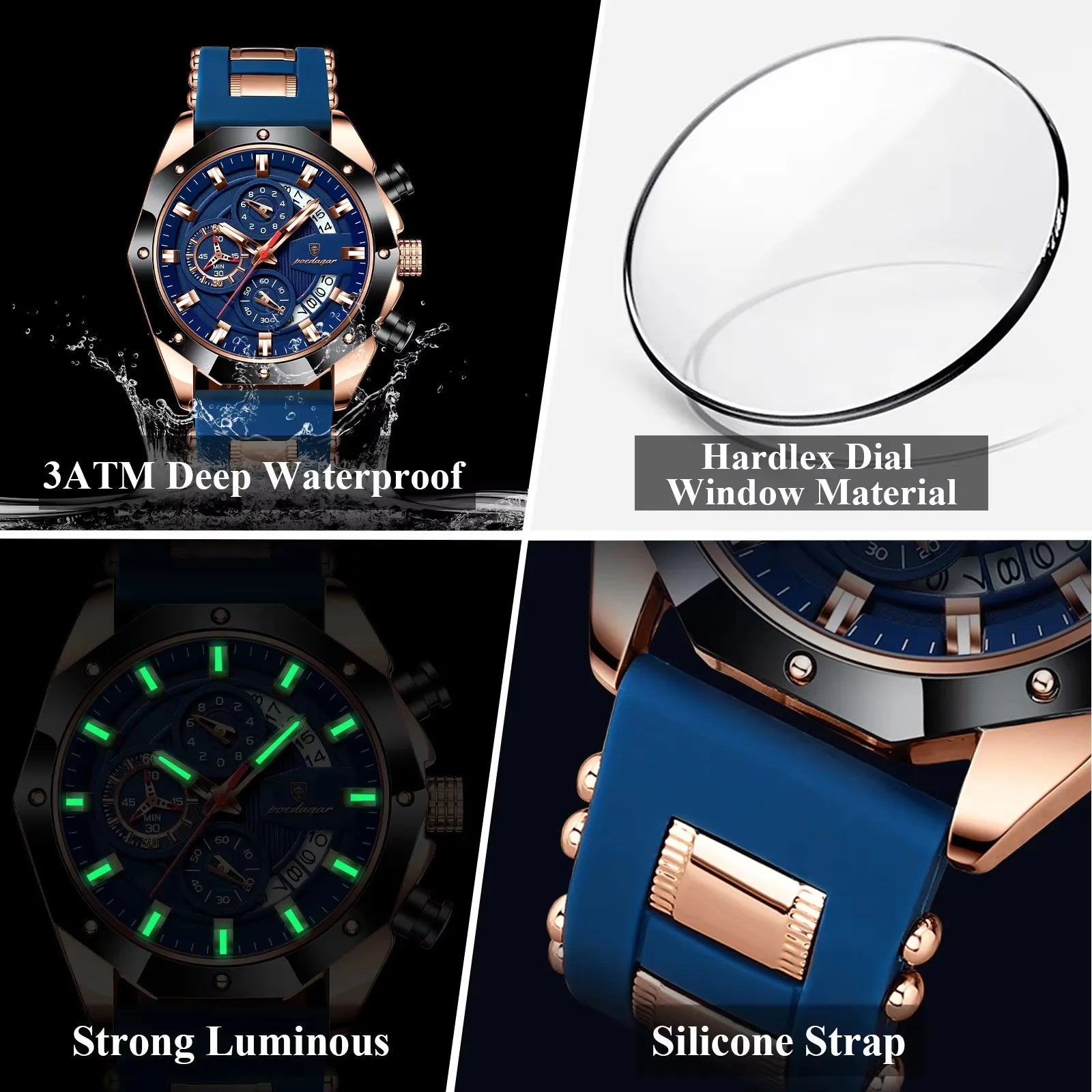 POEDAGAR 913 Men Night Light Watch Waterproof Luminous Sport Business Chronograph Blue Silicone Strap Japan Quartz Men's Watches