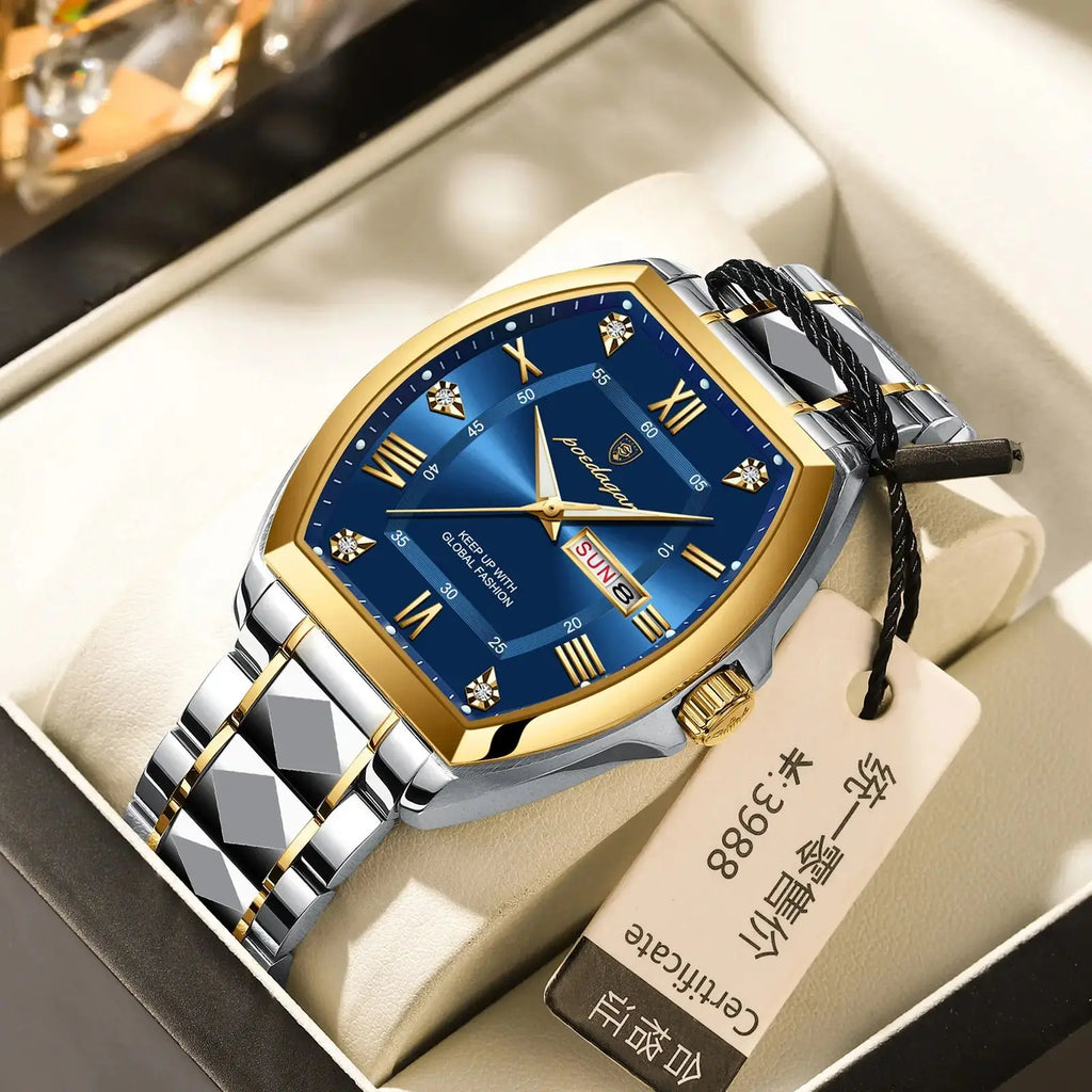 POEDAGAR Square Gold Quartz Watches Business Double Calendar Luxury Watch for Men Stainless Steel Waterproof Clock New Hot Sale