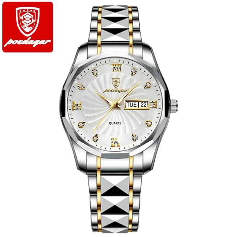 POEDAGAR 818 Men Watch Top Luxury Blue Dial Business Quartz Mens Watches Full Steel Waterproof Luminous Date Men's Wristwatch