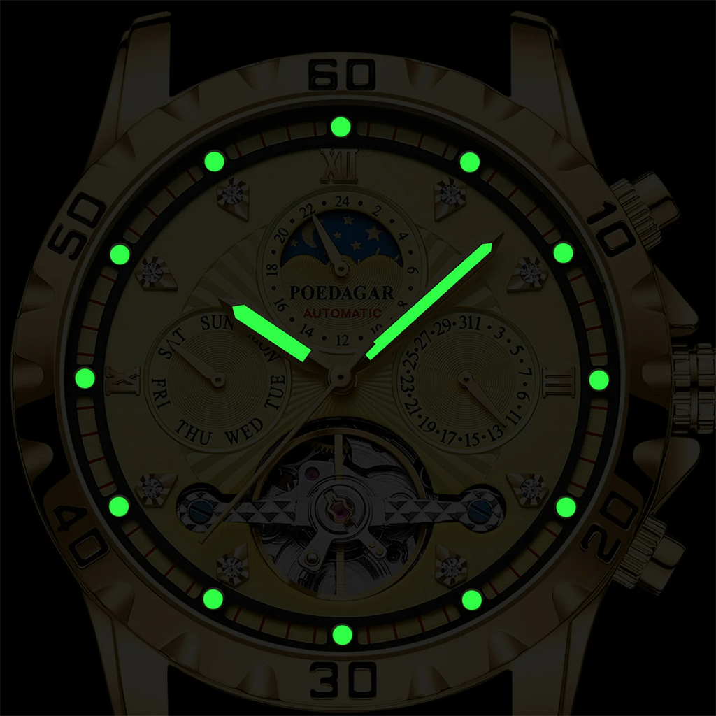 POEDAGAR 1412 Men's Mechanical Watch Tourbillon Gold Stainless Steel Band Luminous Moon Phase Day Function Water Shock Resistant