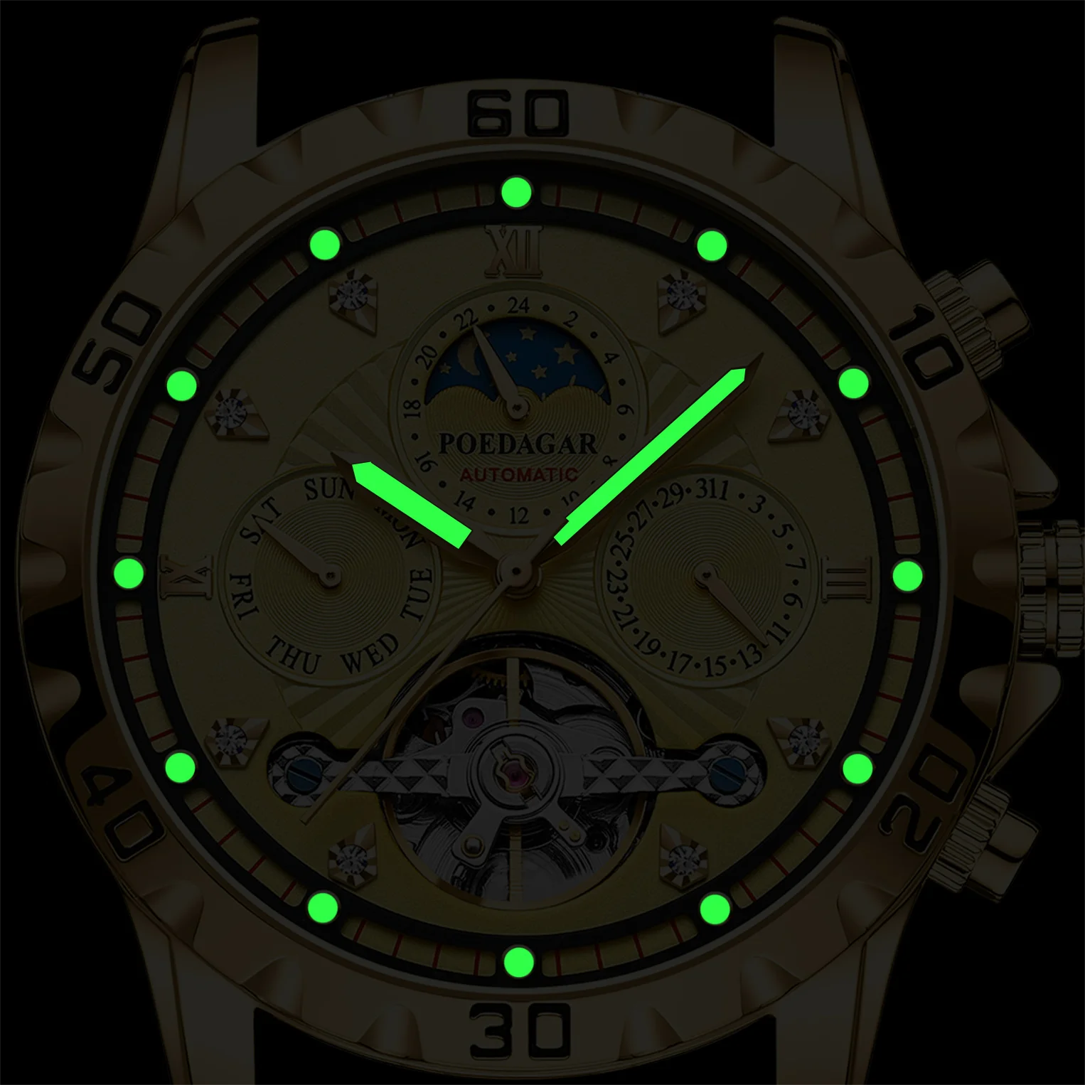 POEDAGAR 1412 Men's Mechanical Watch Tourbillon Gold Stainless Steel Band Luminous Moon Phase Day Function Water Shock Resistant