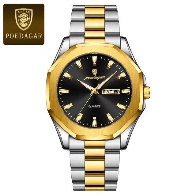 POEDAGAR 875 Date Display Stainless Steel Quartz Men's Luxury Original Mens Watches Waterproof Luminous Chronograph Wristwatches
