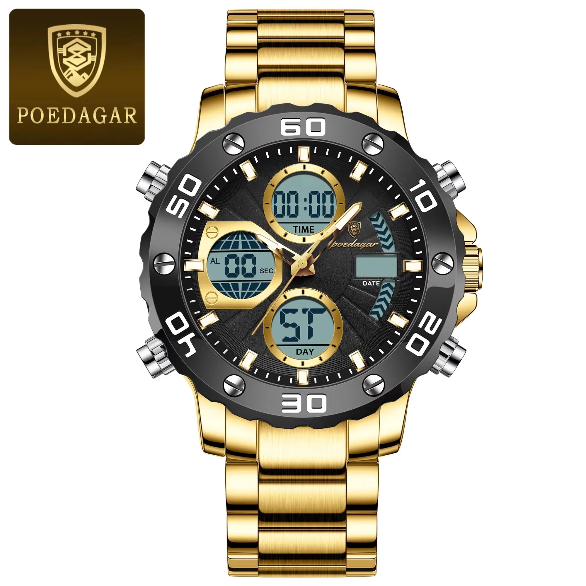 POEDAGAR E102 Dual Time Display Digital Quartz Men Watch Sport Stainless Wristwatch LED Alarm Electronic Waterproof Mens Watches