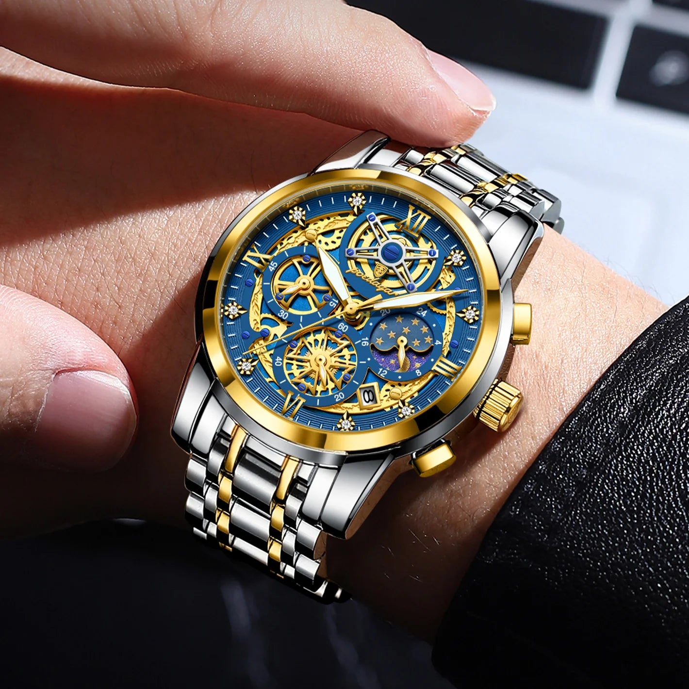 POEDAGAR 984 Top Brand Business Stainless Steel Belt Fashion Men's Watch 30M Deep Waterproof Auto Date Japan Quartz Male Watches