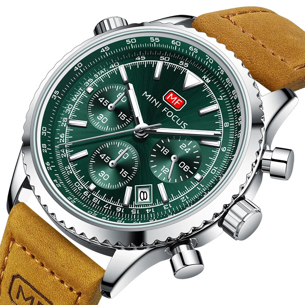 Mini Foucus Premium Multifunction Chronograph Sports Genuine Leather Luminous Quartz Mens Watches