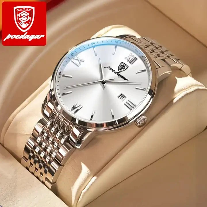 POEDAGAR 826 Top Luxury Men Quartz Watch Stainless Steel Waterproof Luminous Calendar Sport Wrist Watch Relogio Masculino