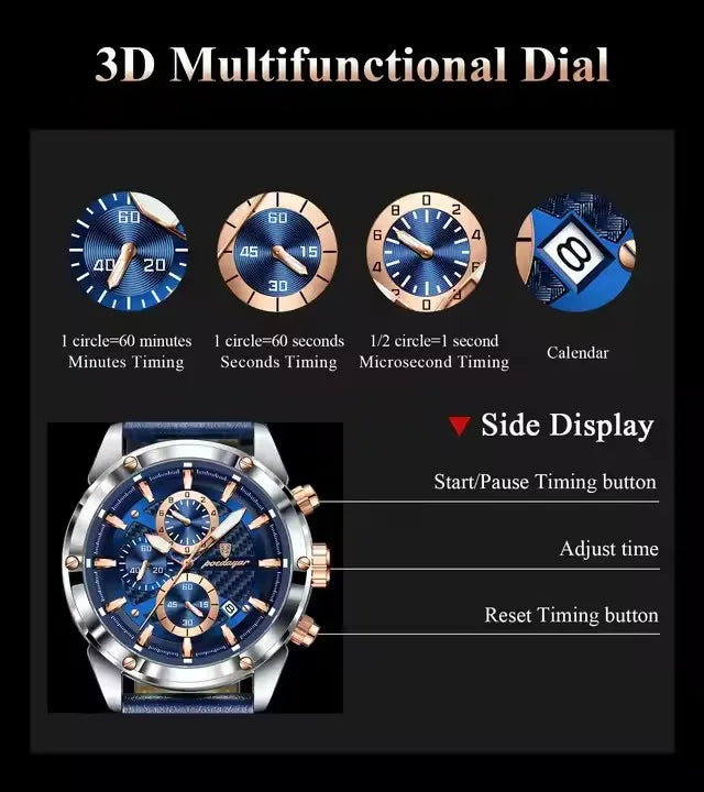 POEDAGAR 860 Fashion Blue Dial Silver Case Multifunction Chronograph Luxury Leather Quartz Watches for Men Business Mens Gift