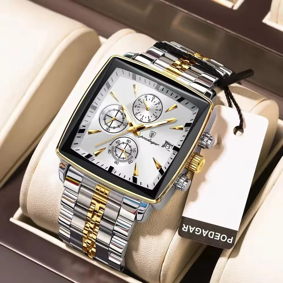 POEDAGAR New Business Men Clock Waterproof Luminous Calendar Chronograph Square Watch Stainless Steel Quartz Men's Watches 866