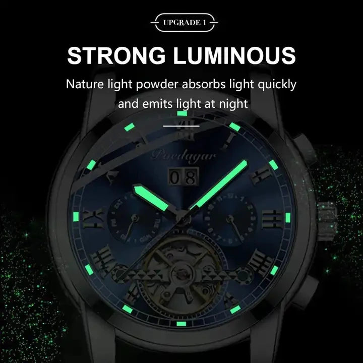 Poedagar 141  Skeleton Waterproof Men Watch  Mechanical Gold Blue Automatic Mens Watches Luxury Stainless Steel Wristwatch Man